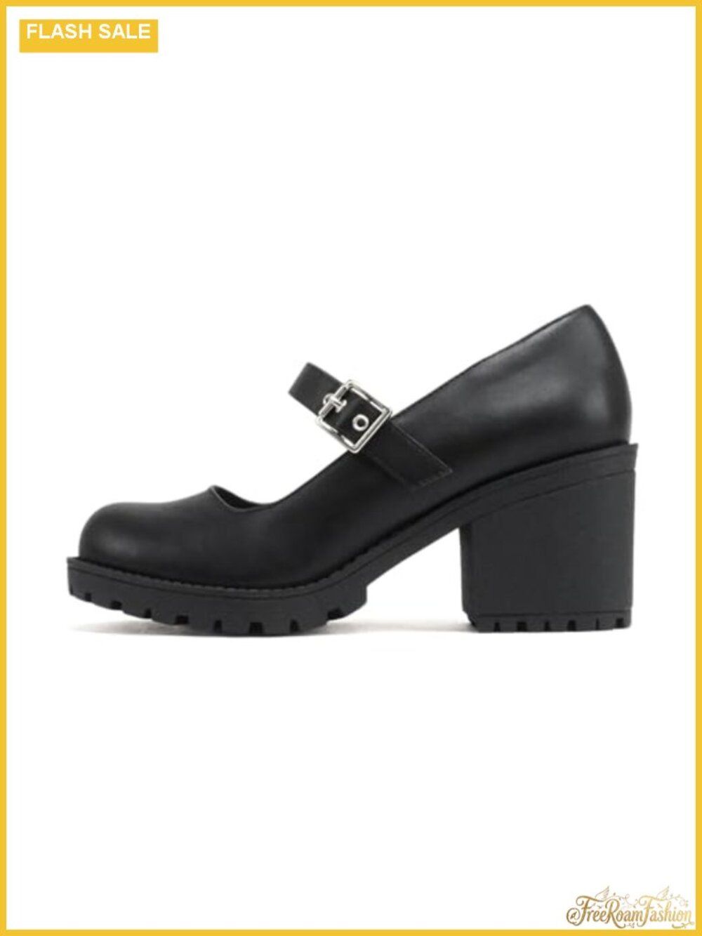 Mary Jane Pump Mid Chunky Block Heel Lug Sole Adjustable Strap